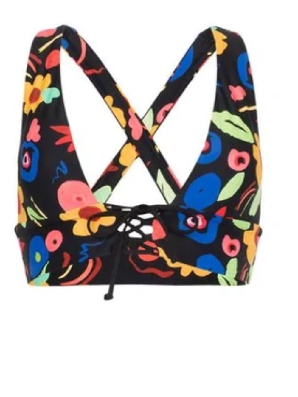 Onia Black Floral Lace-Up Bikini Top with Blue, Yellow, Pink & Green